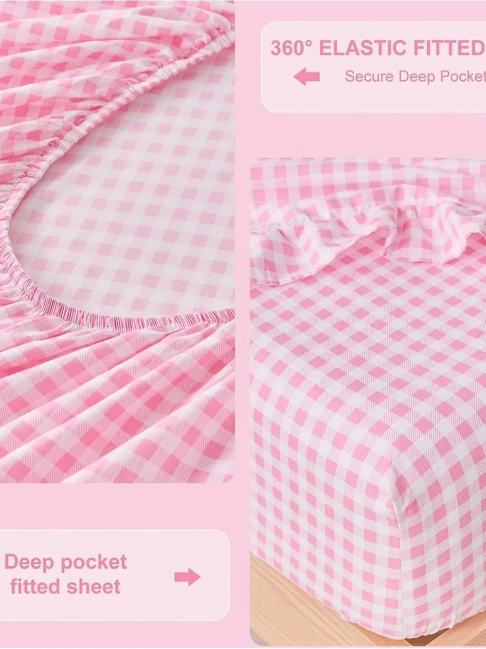 Gingham Pink New Twin Sheet Set Decorate Farmhouse Ruffle